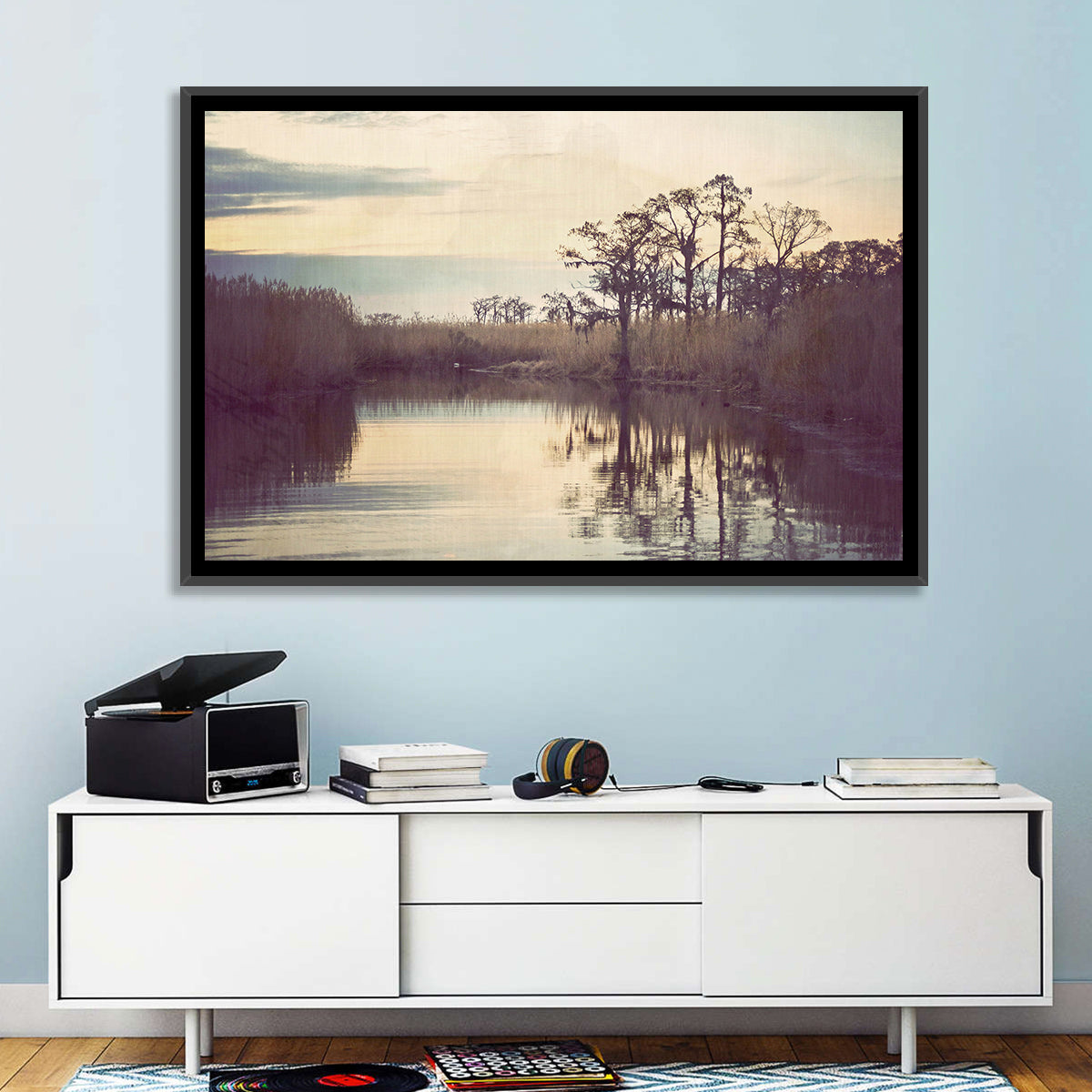 Louisiana Cypress Swamp at Dusk Wall Art in a room, landscape
