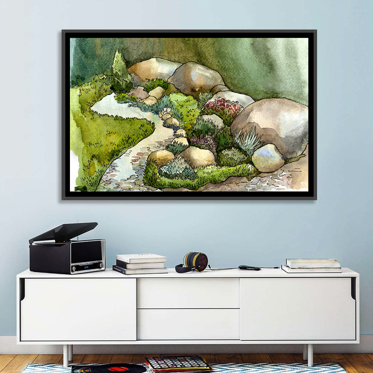 Watercolor Rock Garden Stream Wall Art in a room, landscape