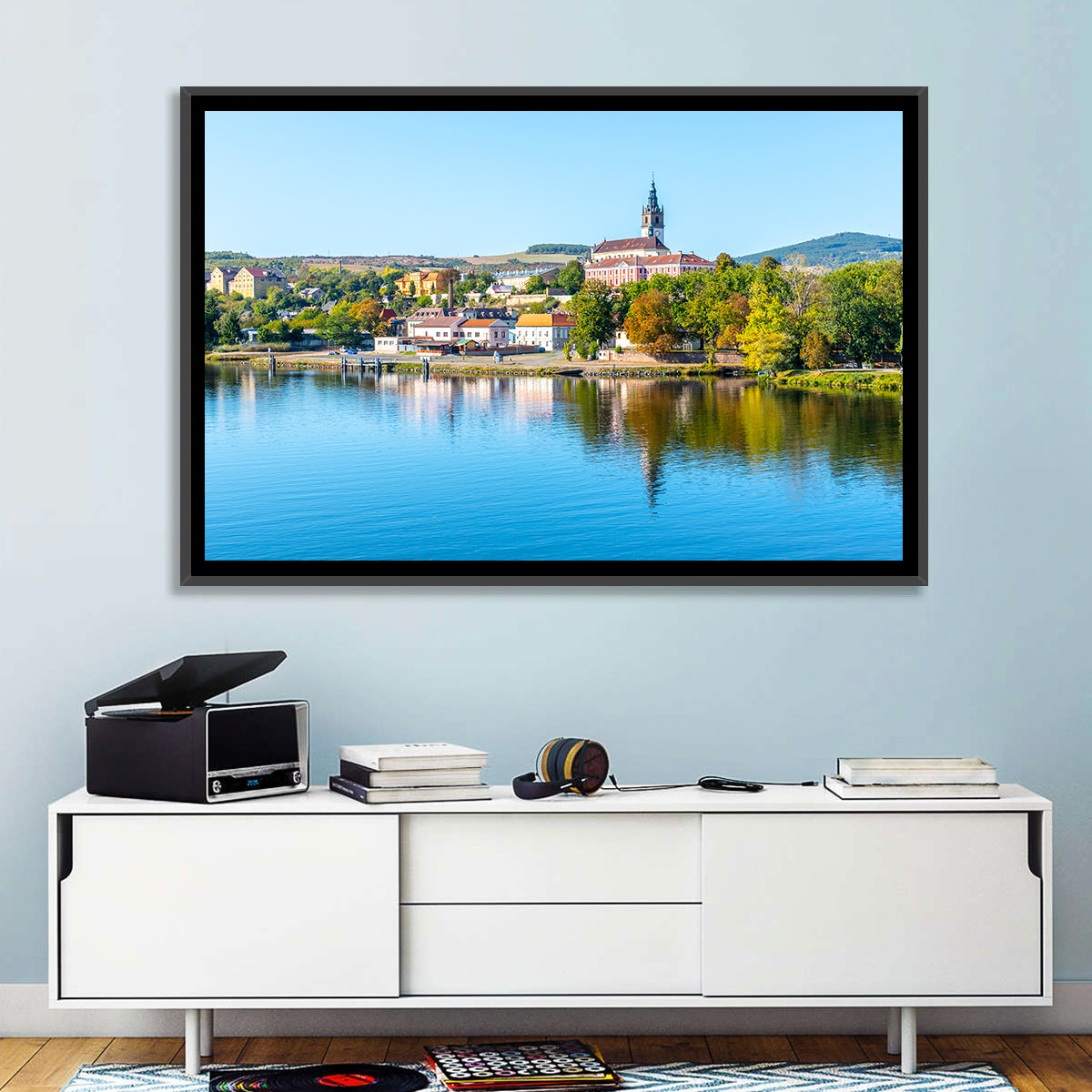 Roudnice Castle Riverbank Reflections Wall Art in a room, landscape