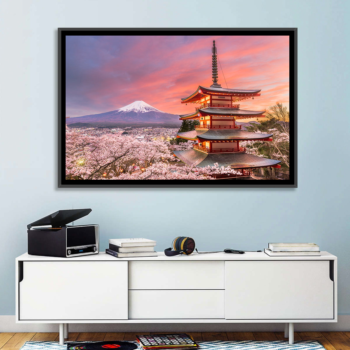 Chureito Pagoda and Mount Fuji at Sunset Wall Art in a room, landscape