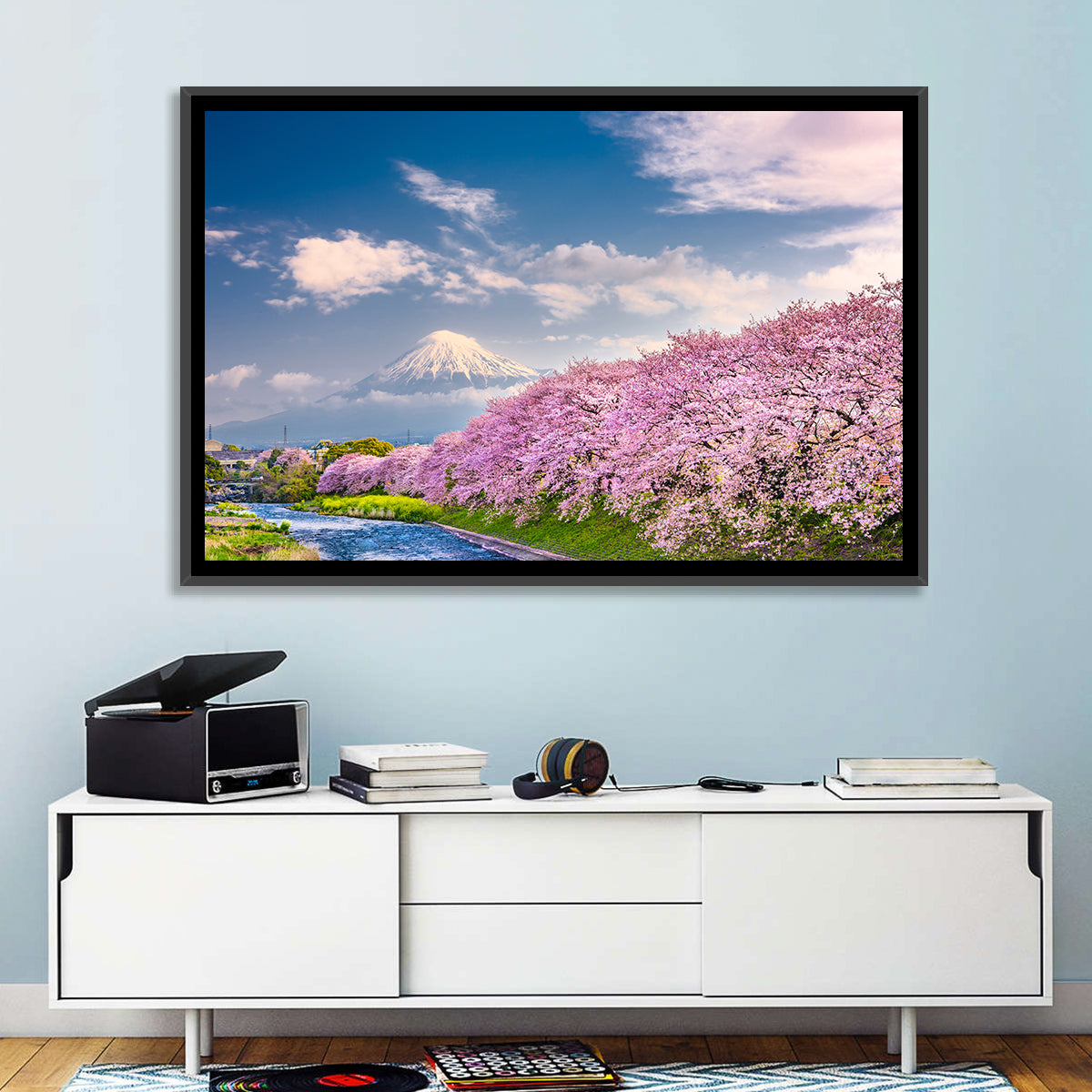 Mount Fuji Cherry Blossoms Wall Art in a room, landscape