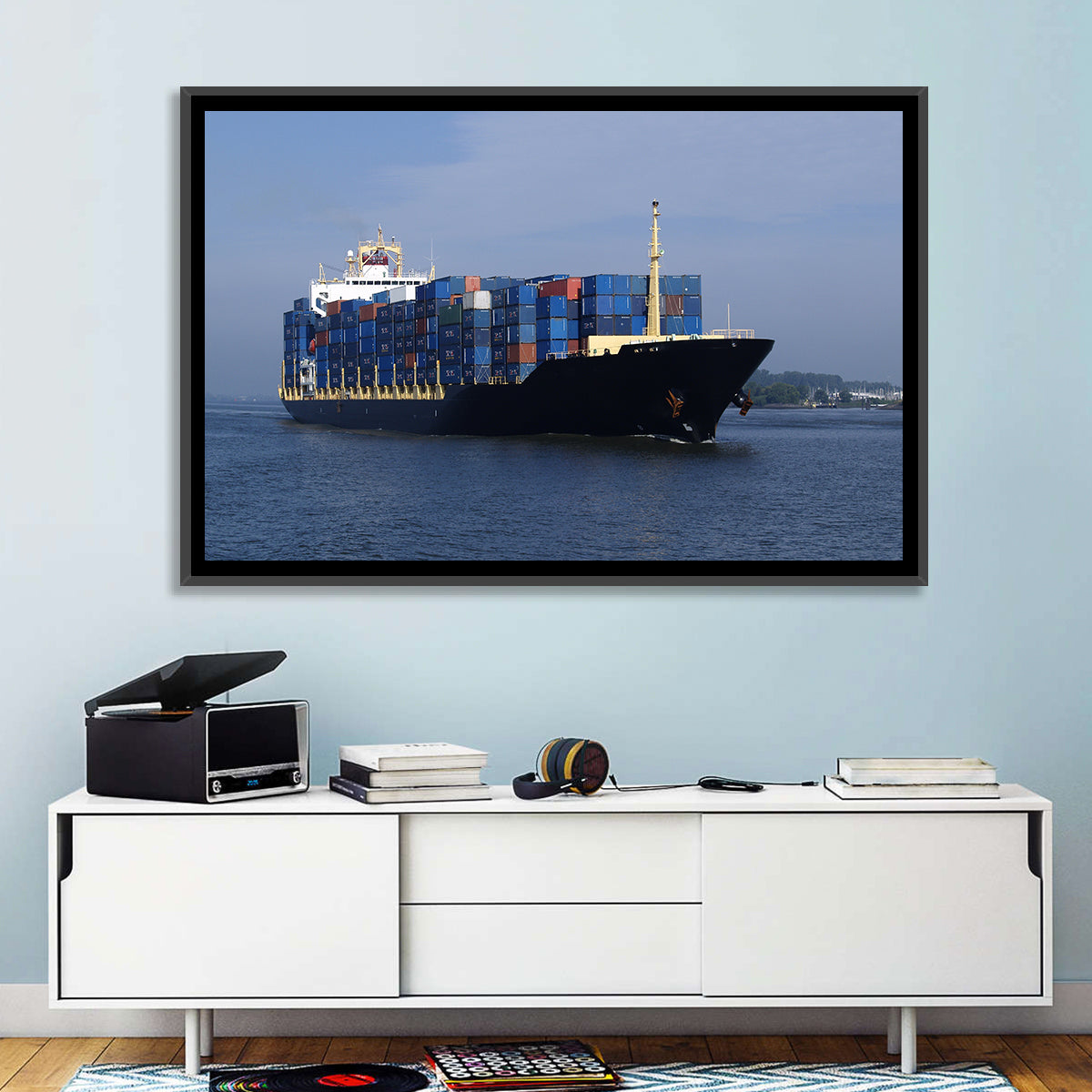 Container Ship in Motion Wall Art in a room, landscape
