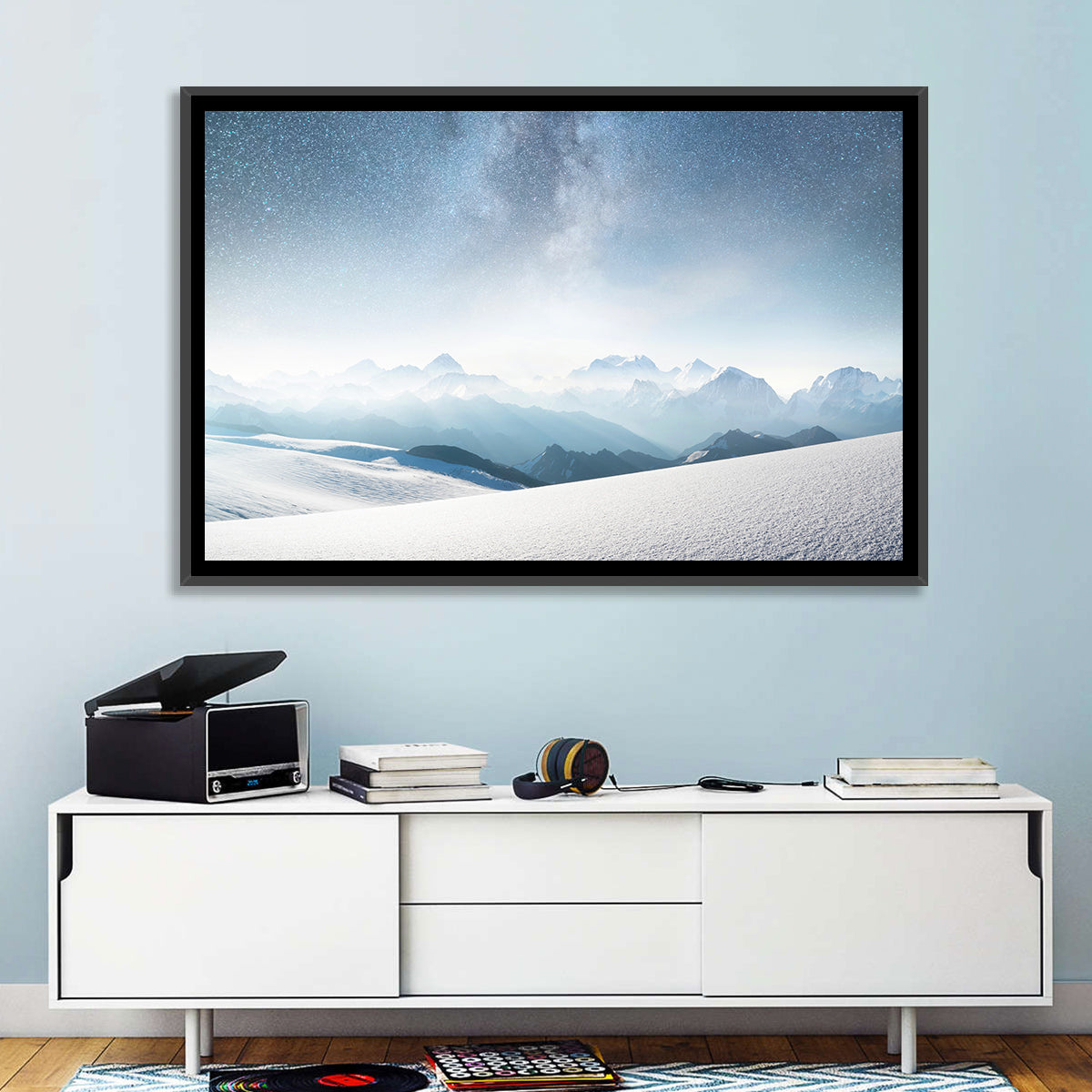 Starry Milky Way Over Snowy Peaks Wall Art in a room, landscape