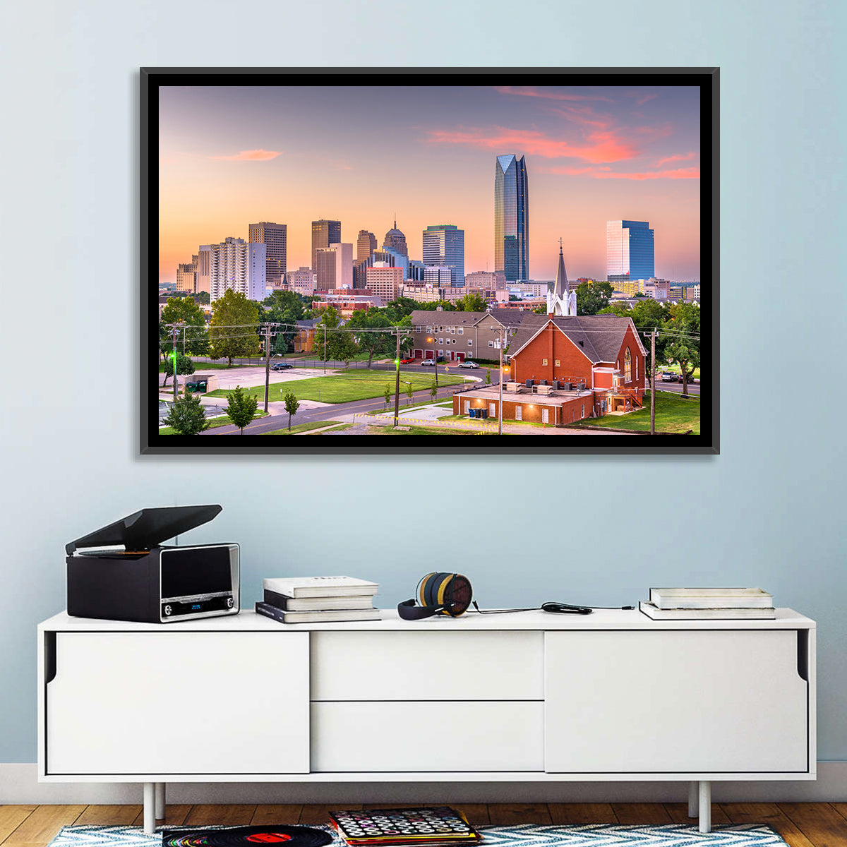 Oklahoma City Golden Hour Skyline Wall Art in a room, landscape