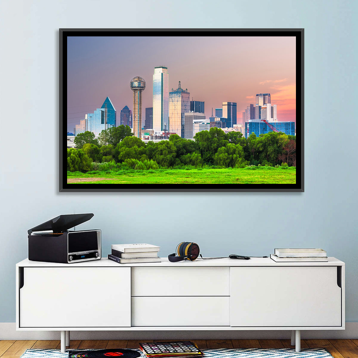 Dallas Golden Hour Skyline Wall Art in a room, landscape