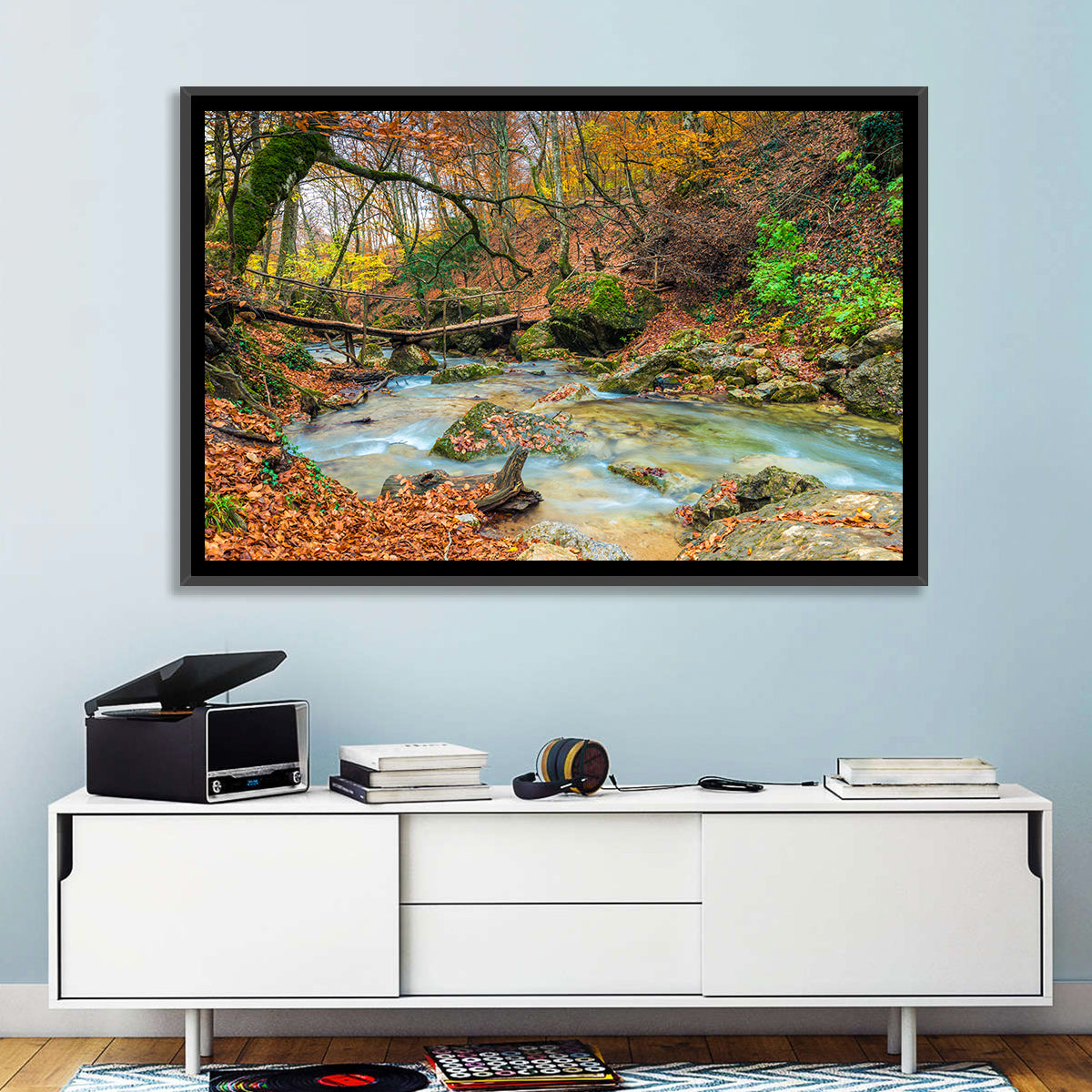 Mossy Footbridge in Autumn Forest Wall Art in a room, landscape