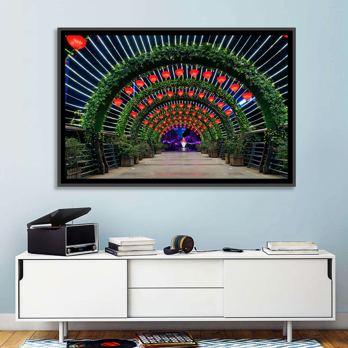 Red Lantern Trellis Tunnel Wall Art in a room, landscape