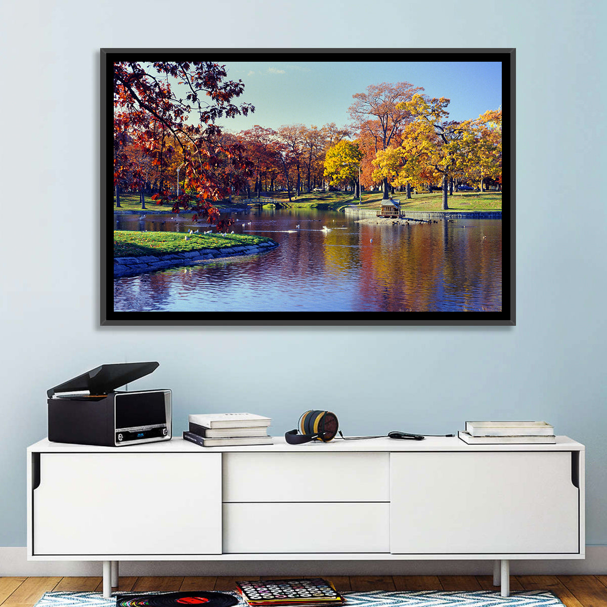 Deering Oaks Autumn Pond Wall Art in a room, landscape