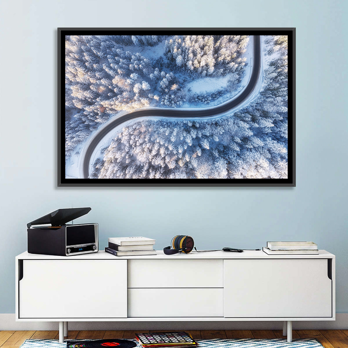 Winding Snow-covered Forest Road Wall Art in a room, landscape