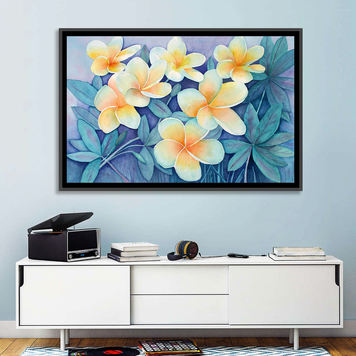 Watercolor Frangipani Cluster Wall Art in a room, landscape