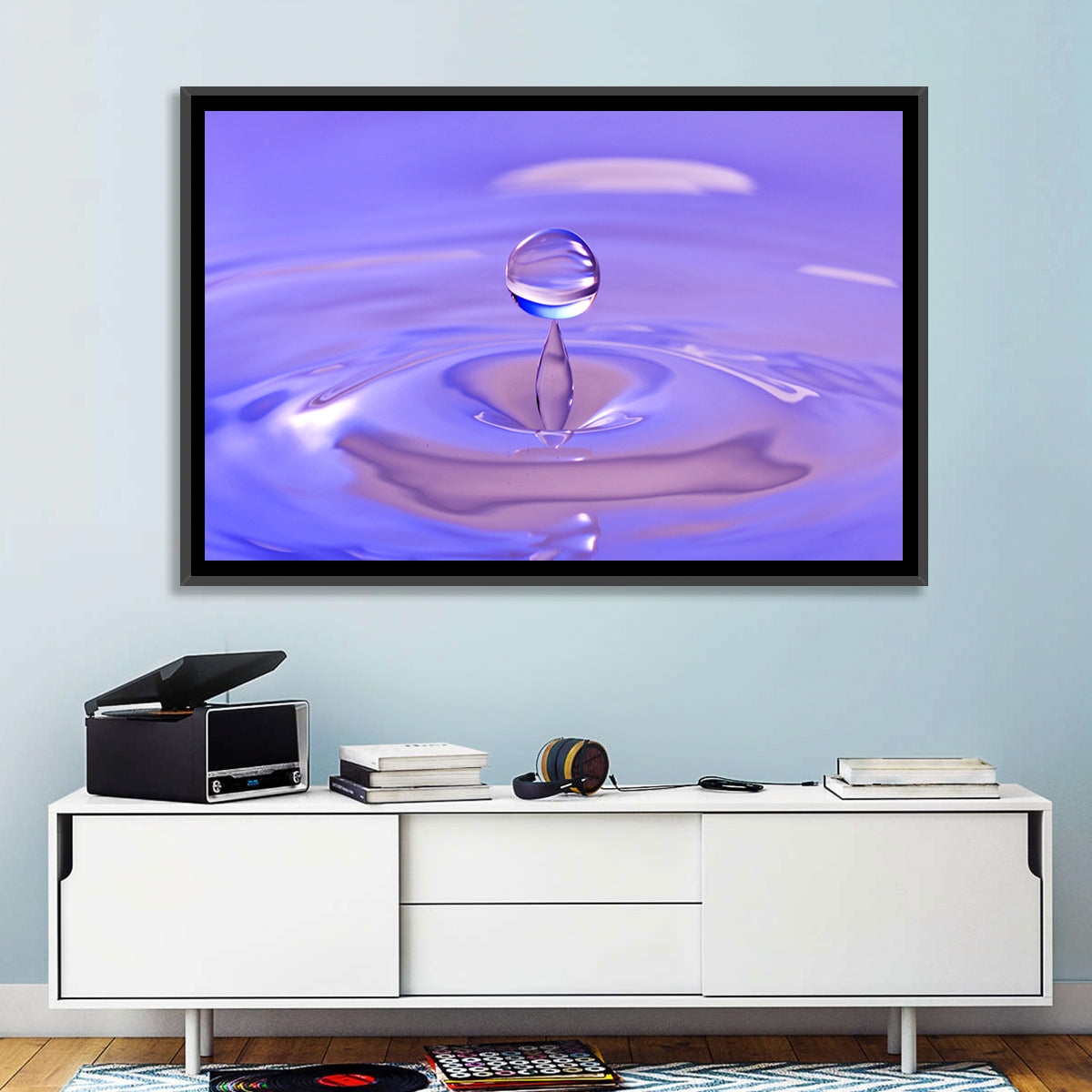 Purple Water Droplet Splash Wall Art in a room, landscape