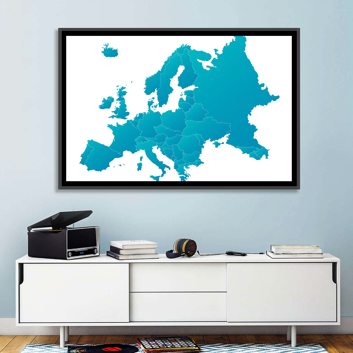 Teal Gradient Europe Map Wall Art in a room, landscape