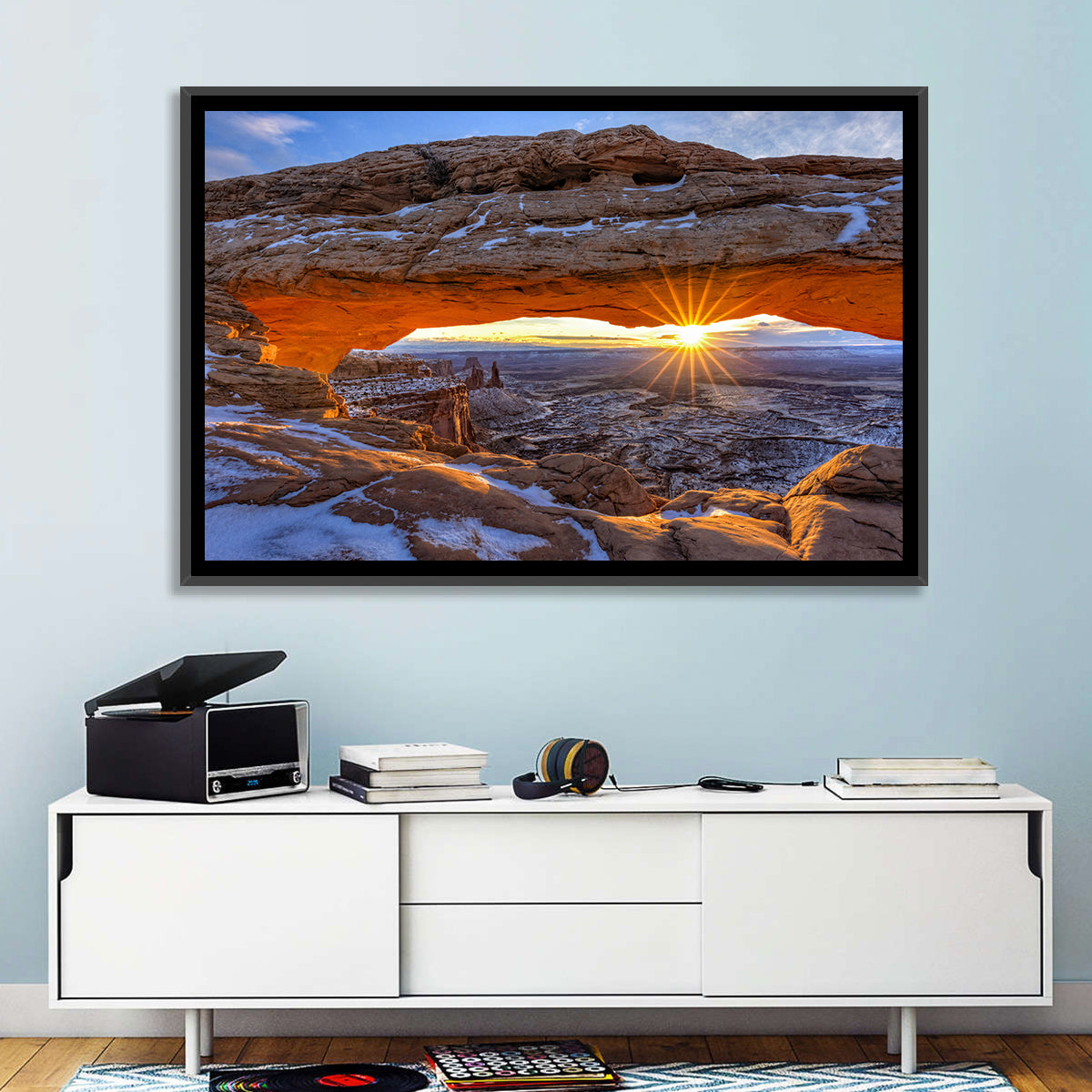Sunrise at Mesa Arch Wall Art in a room, landscape
