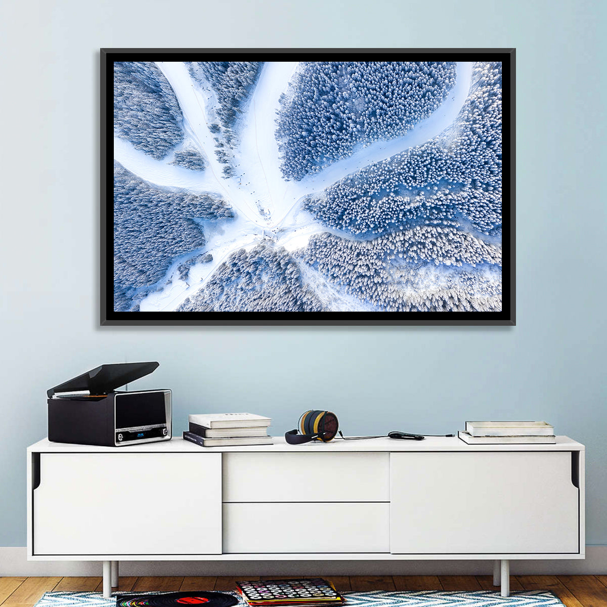 Birds-eye Ski Resort Landscape Wall Art in a room, landscape
