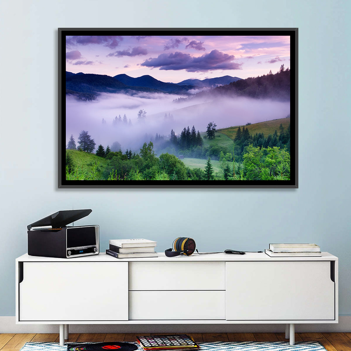 Misty Mountain Valley at Twilight Wall Art in a room, landscape