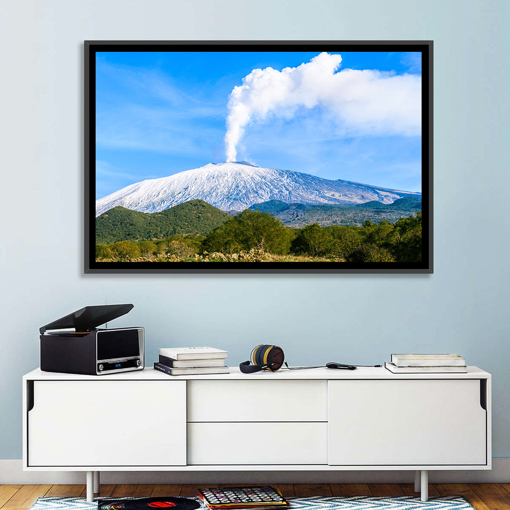 Snow-capped Mount Etna with Volcanic Plume Wall Art