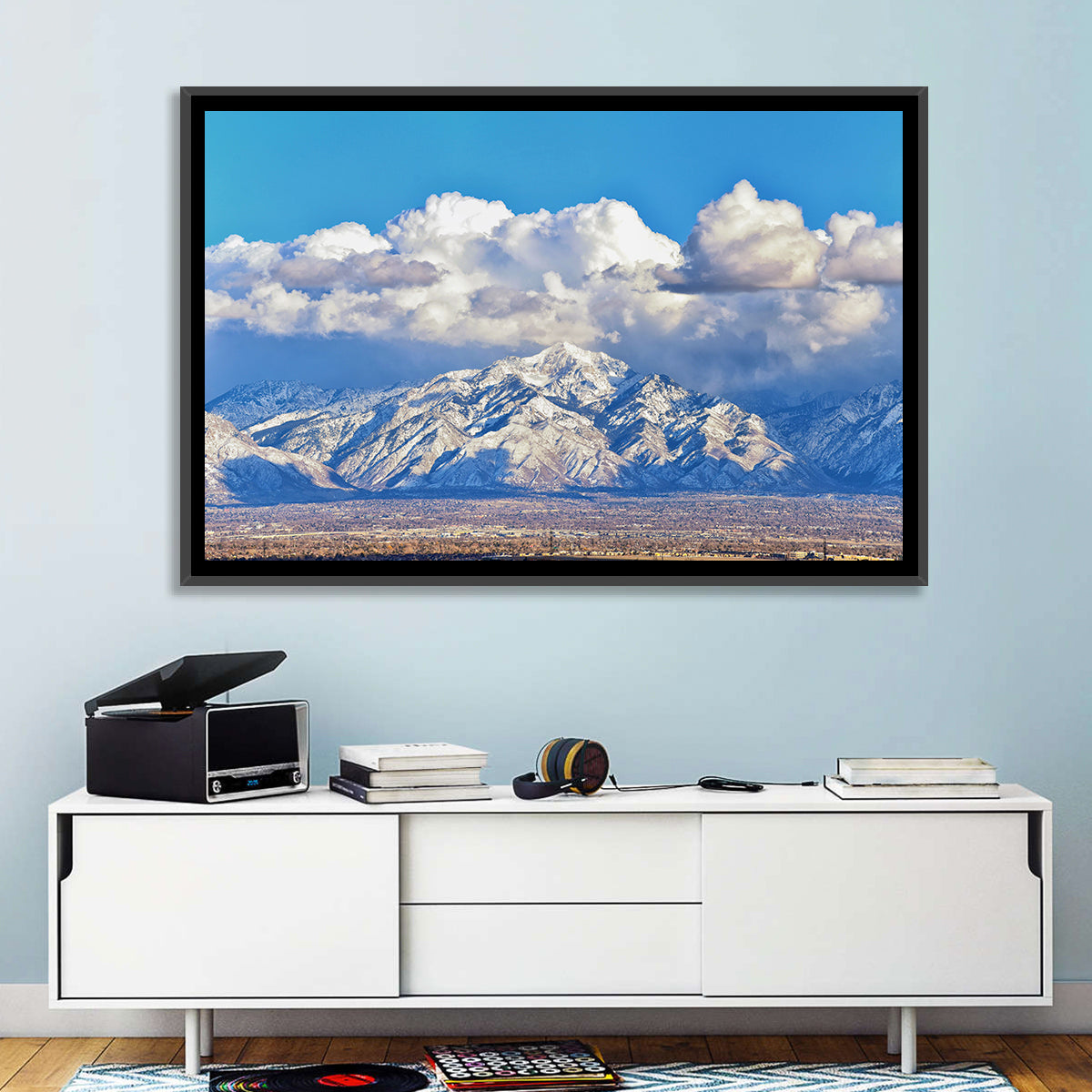 Wasatch Snow Capped Peaks Wall Art in a room, landscape