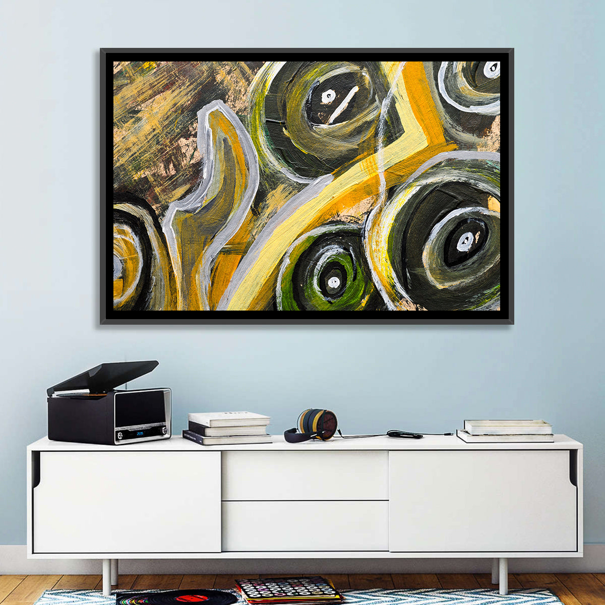 Impasto Swirl Circles in Yellow and Black Wall Art in a room, landscape