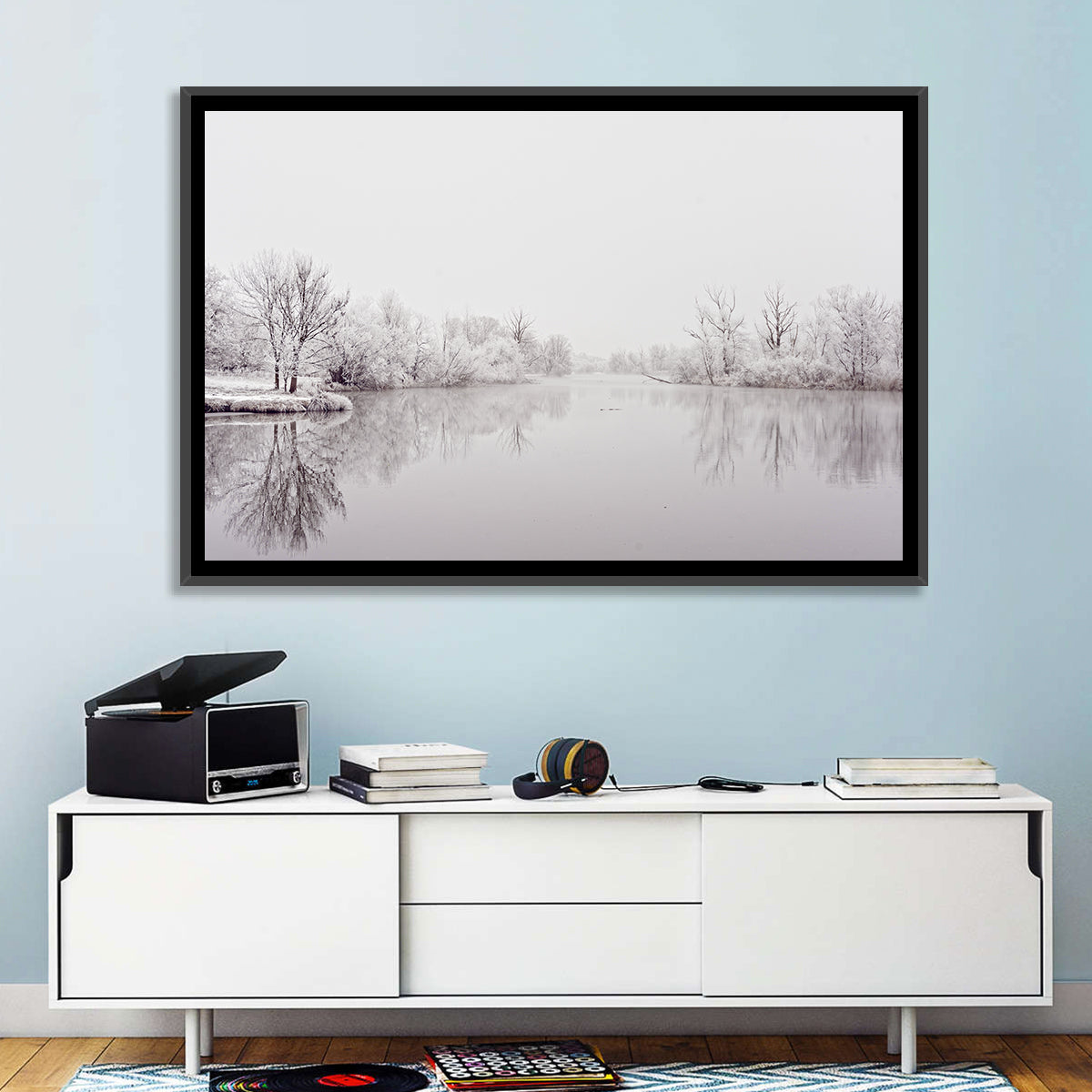 Frozen River Reflection in Winter Fog Wall Art