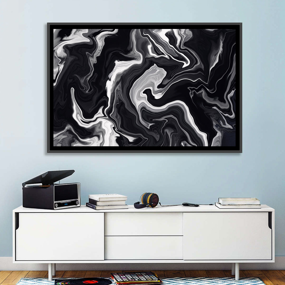 Flowing Black Marble Abstract Wall Art in a room, landscape