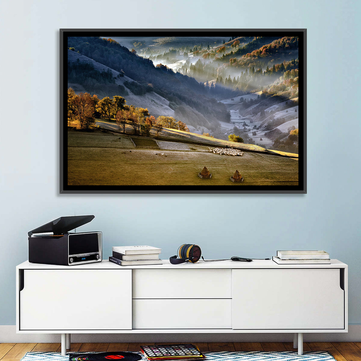 Mountain Village in Morning Mist Wall Art in a room, landscape