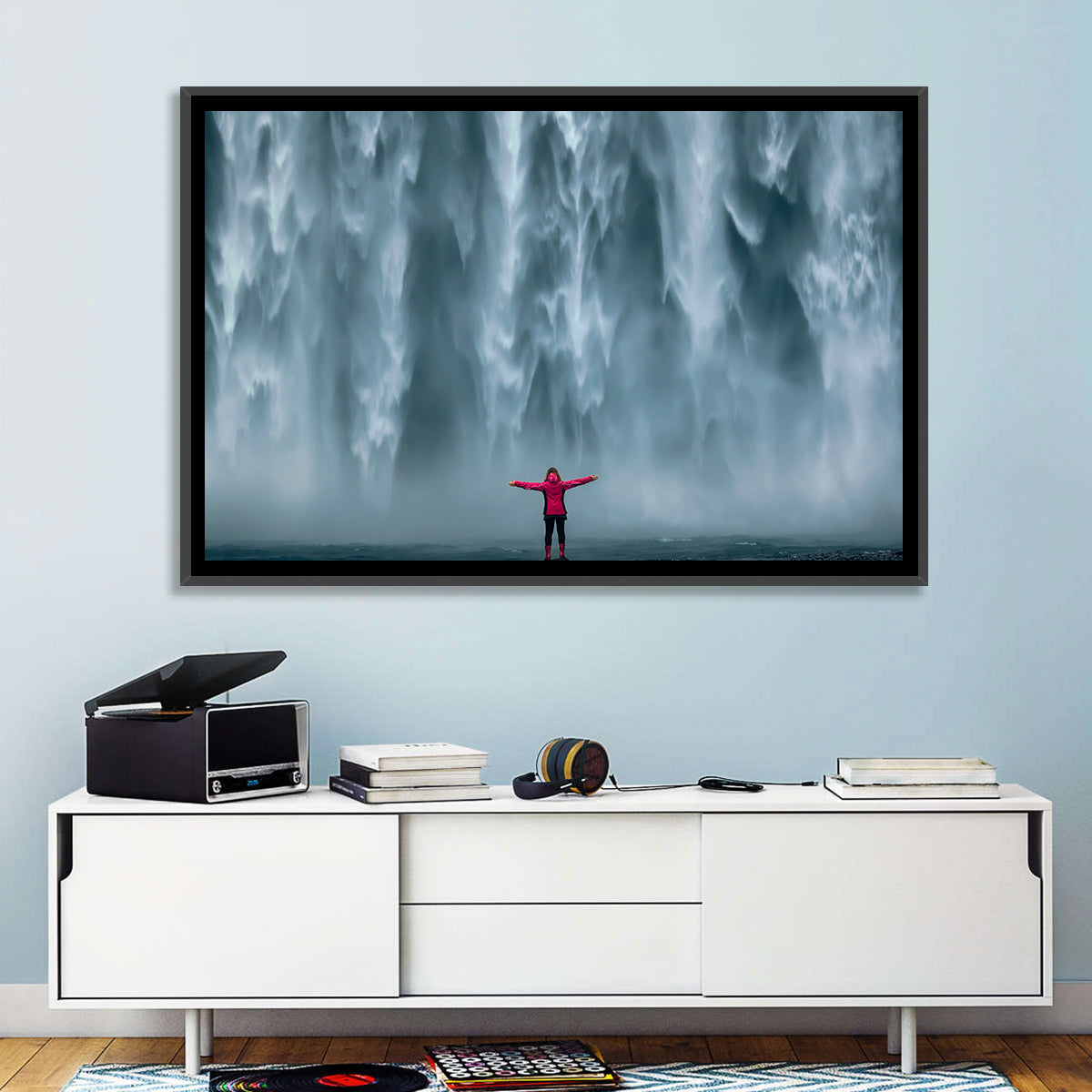 Skogafoss Waterfall with Figure in Pink Wall Art