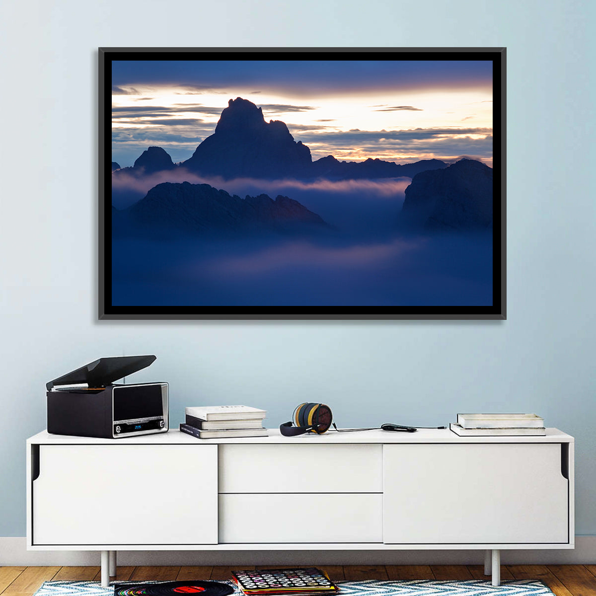 Dolomites Sunrise Silhouette Wall Art in a room, landscape