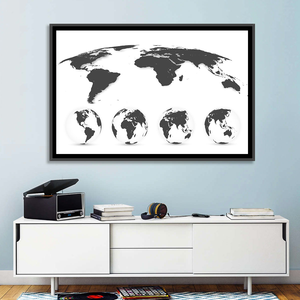 Stylized World Map and Globe Icons Wall Art in a room, landscape