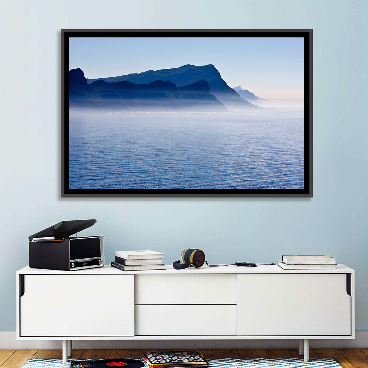 Misty Coastal Cliffs and Mountain Layers Wall Art in a room, landscape