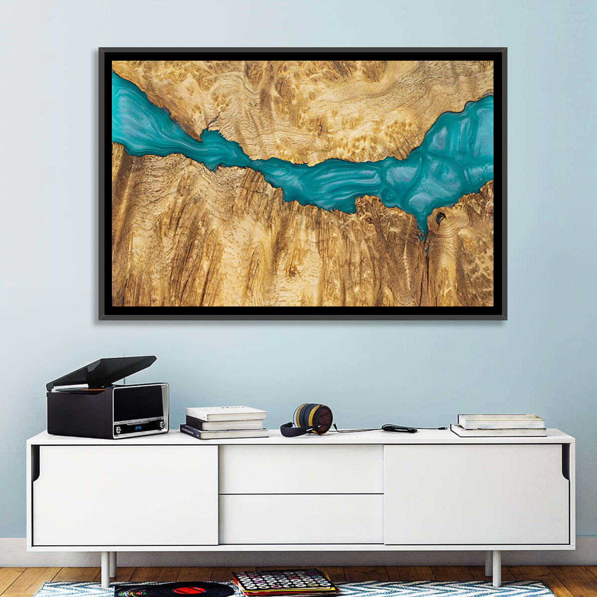 Burled Wood River with Teal Resin Wall Art