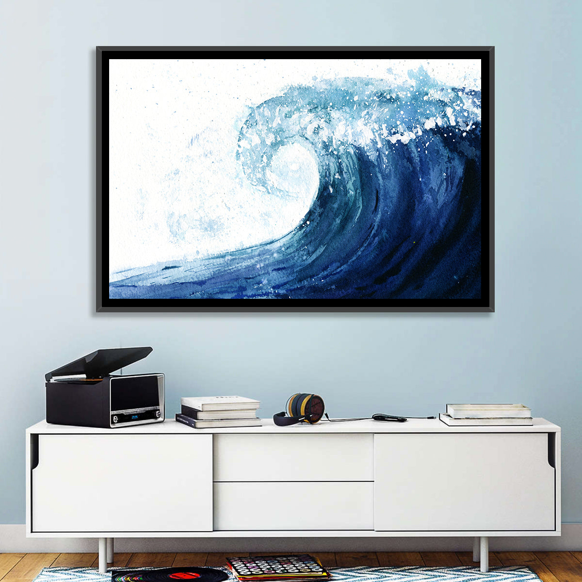 Watercolor Cresting Wave Wall Art in a room, landscape