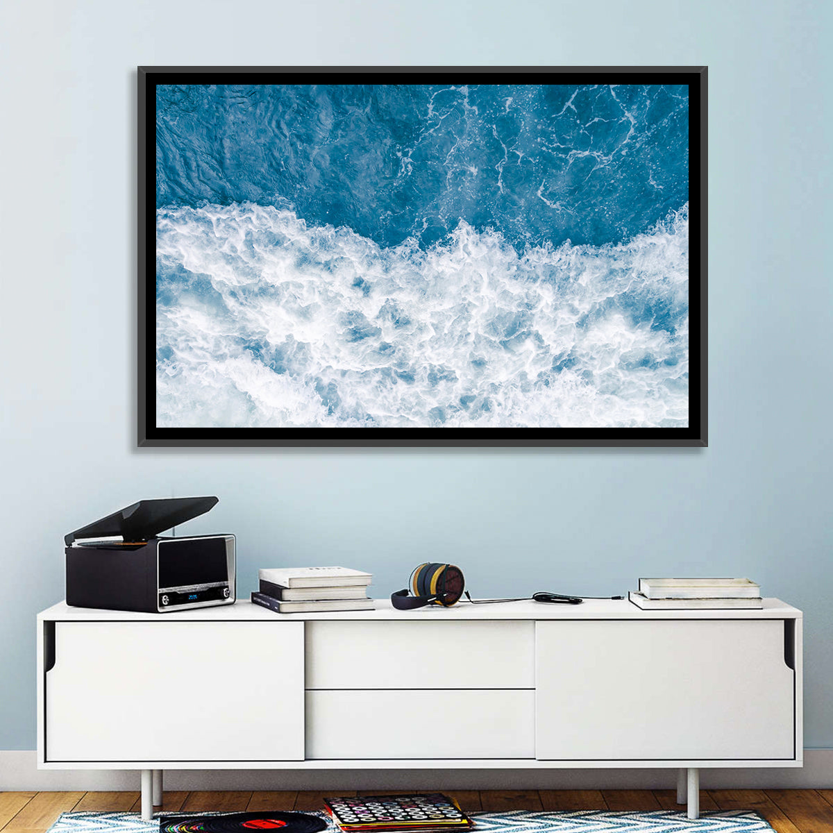 Stormy Blue Sea Wave Wall Art in a room, landscape