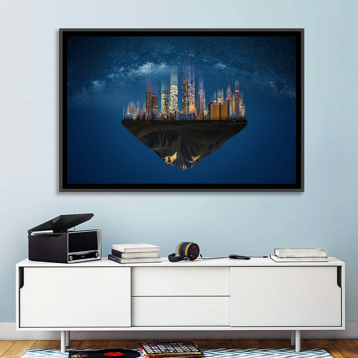 Floating City Island Wall Art in a room, landscape