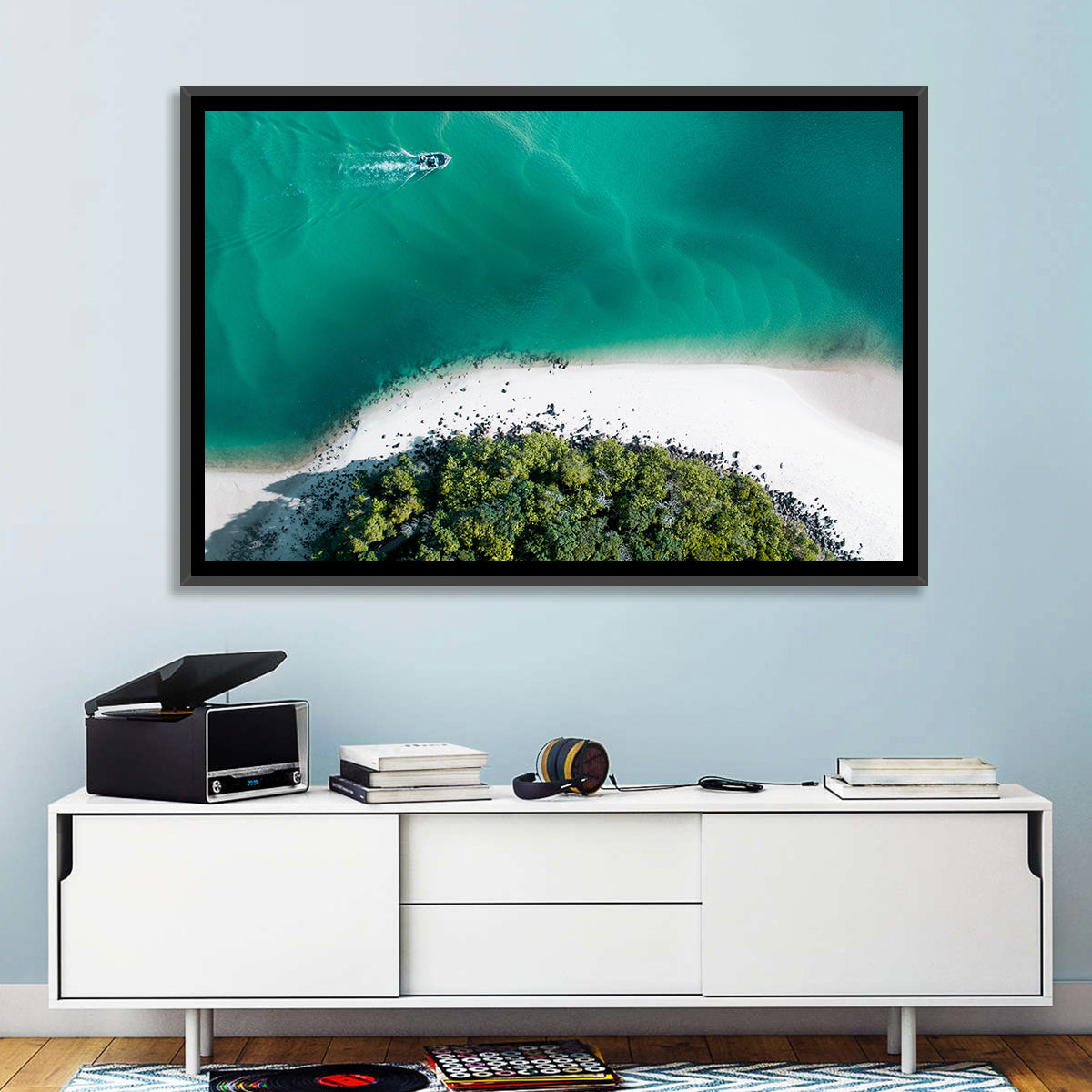 Clam Beach Aerial View Wall Art in a room, landscape