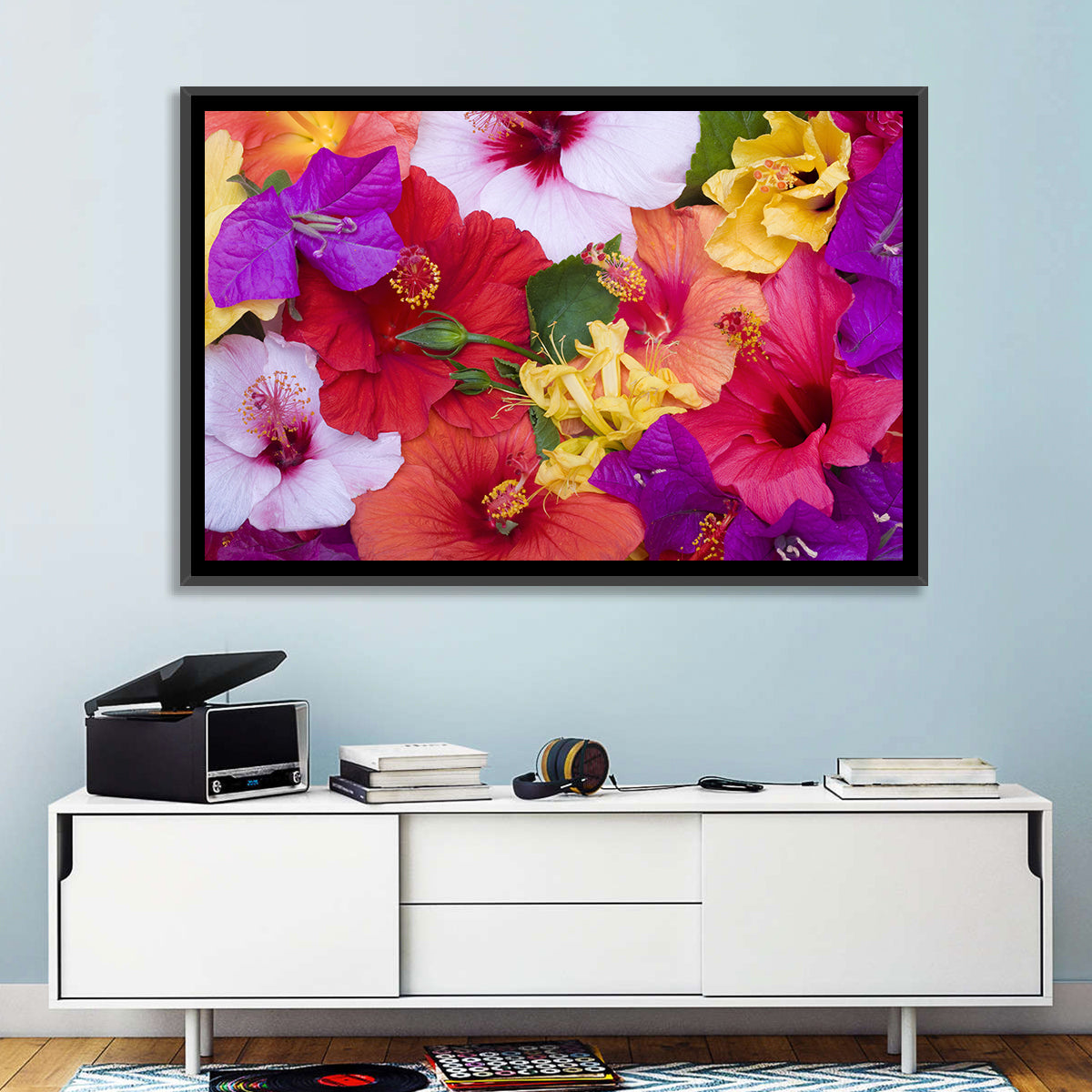 Tropical Bougainvillea and Hibiscus Bloom Wall Art in a room, landscape