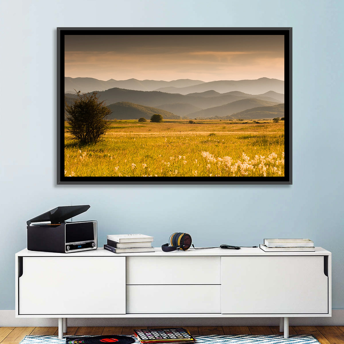 Golden Hour Countryside Hills Wall Art in a room, landscape
