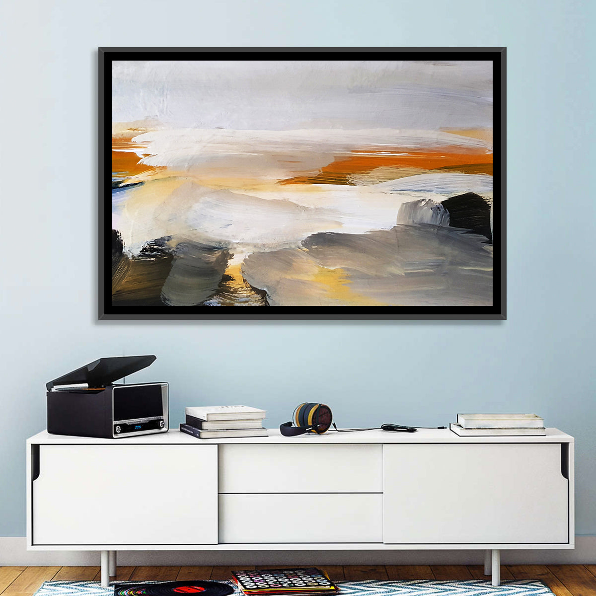 Misty Coastal Horizon Wall Art in a room, landscape