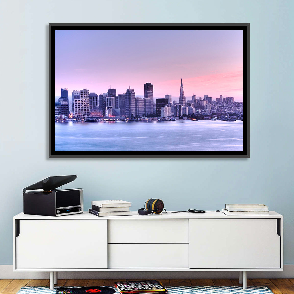 San Francisco Skyline at Lavender Dusk Wall Art in a room, landscape