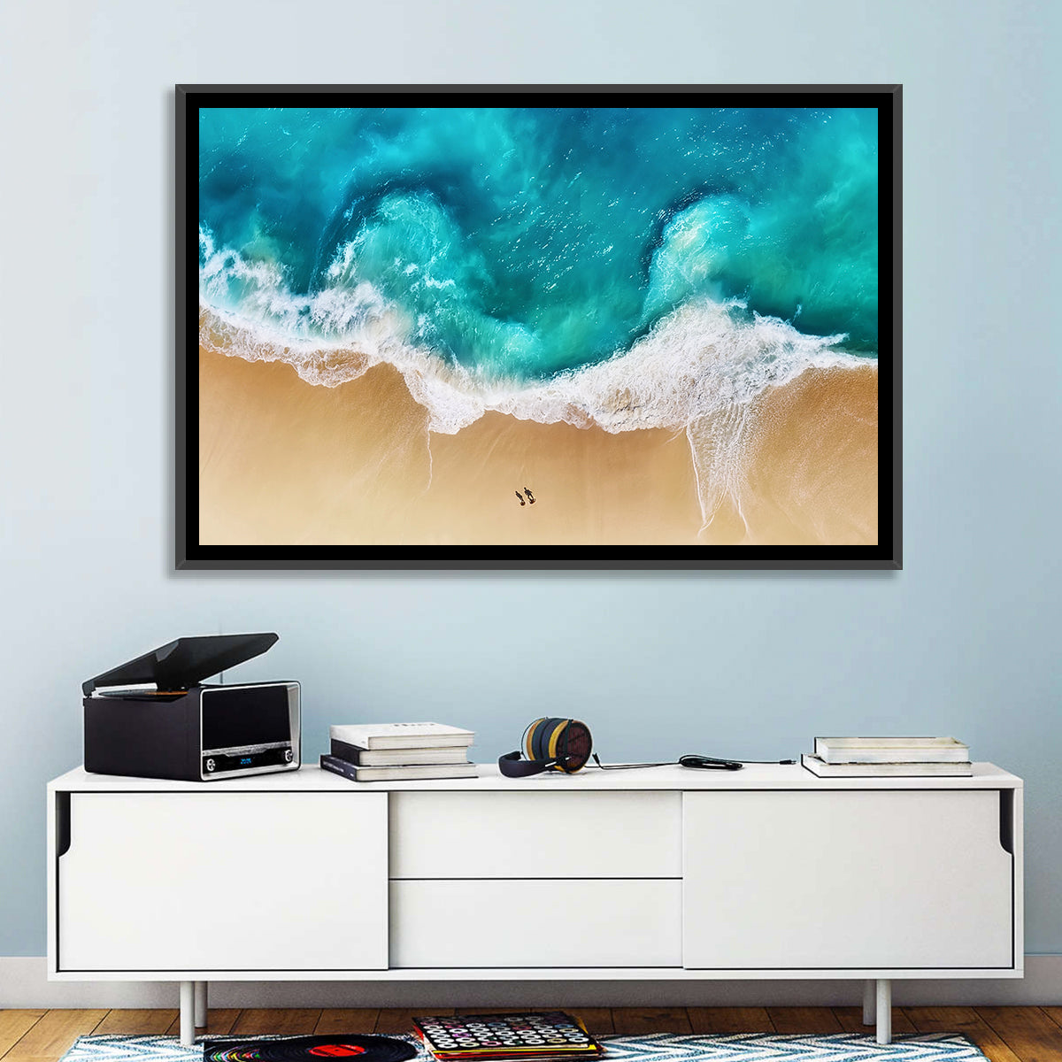 Turquoise Beach Aerial Wall Art in a room, landscape