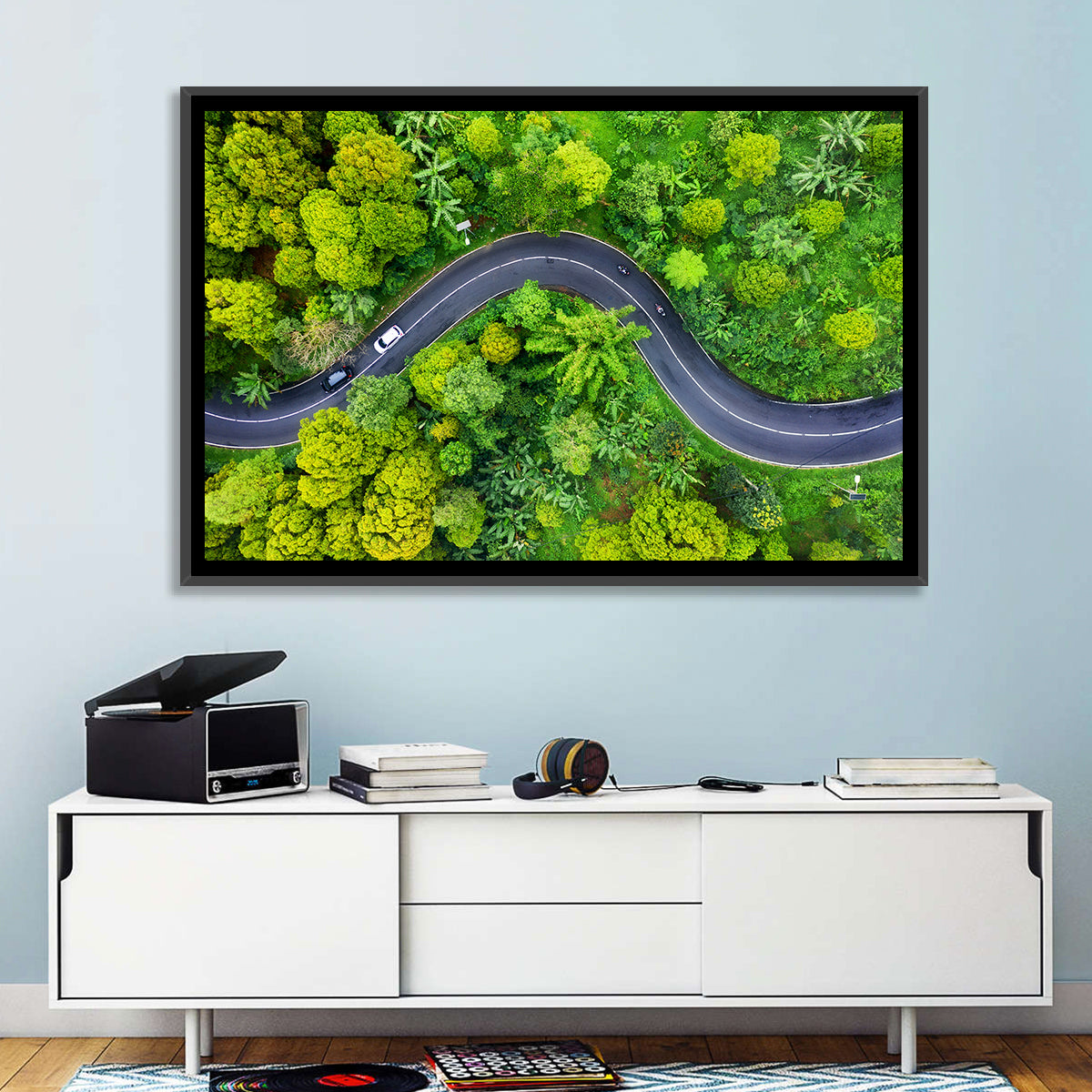 Winding Tropical Forest Road Wall Art in a room, landscape