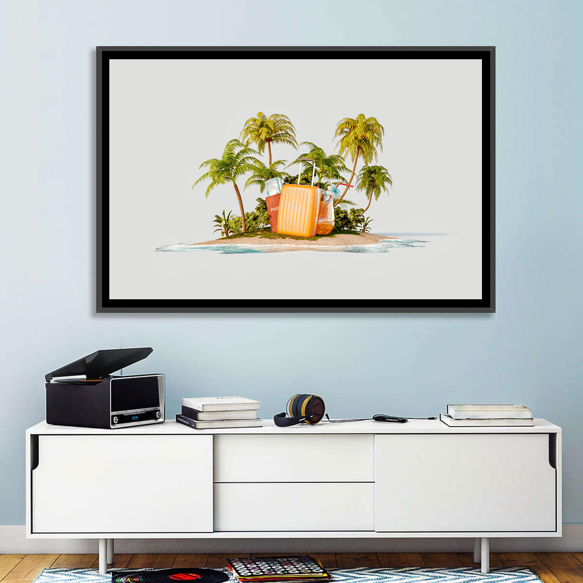 Tropical Island Vacation Illustration Wall Art in a room, landscape