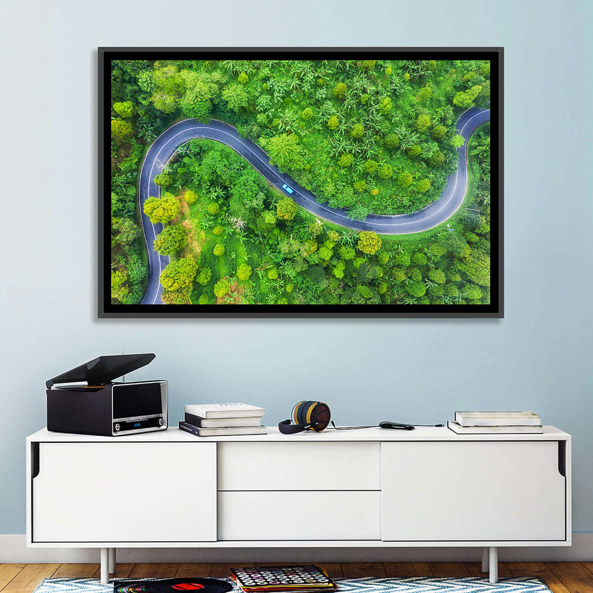 Blue Car on Summer Forest Road Wall Art