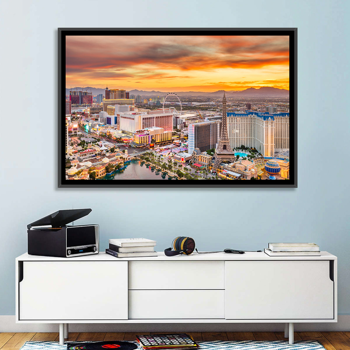 Las Vegas Strip Sunset Cityscape Wall Art in a room, landscape