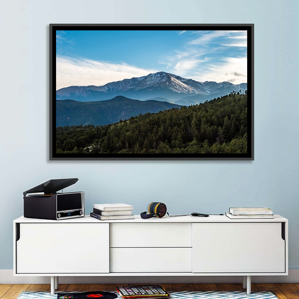 Pikes Peak Mountain Landscape Wall Art in a room, landscape