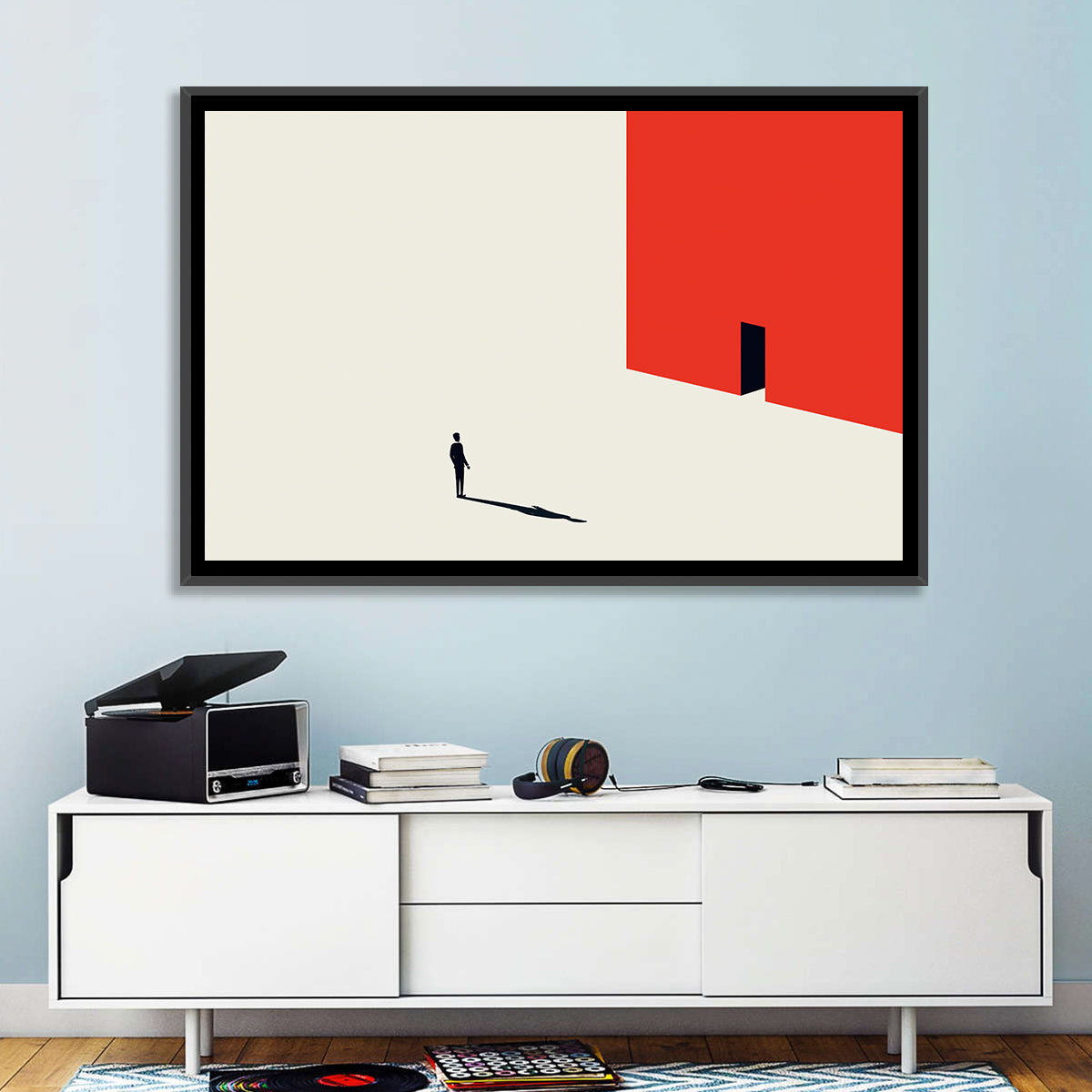Solitary Figure with Red Door Wall Art in a room, landscape