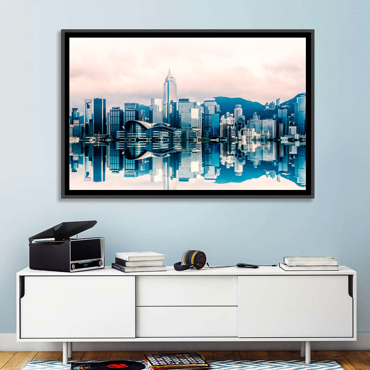 Victoria Harbour Sketch at Dusk Wall Art in a room, landscape