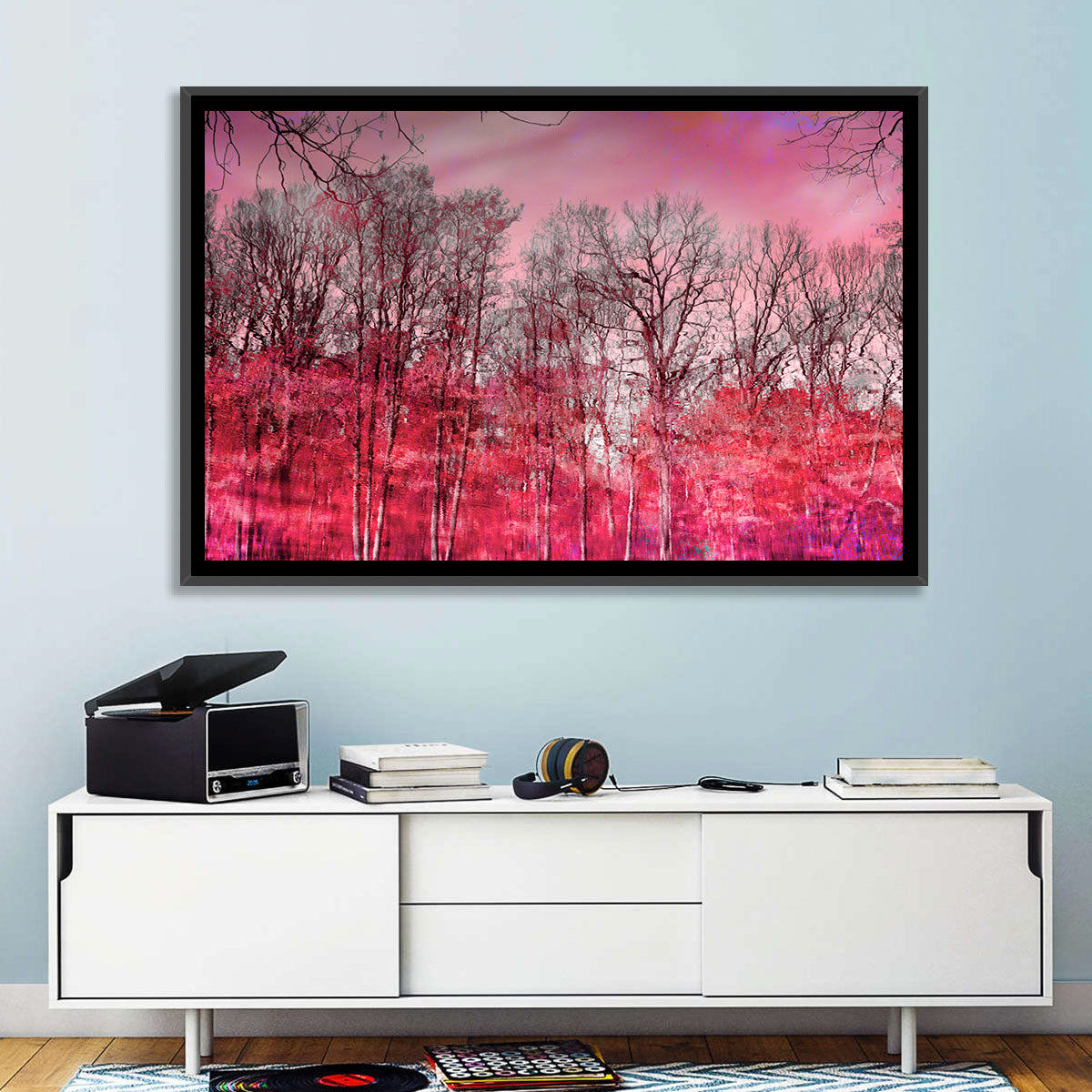 Autumn Trees Reflection Wall Art in a room, landscape