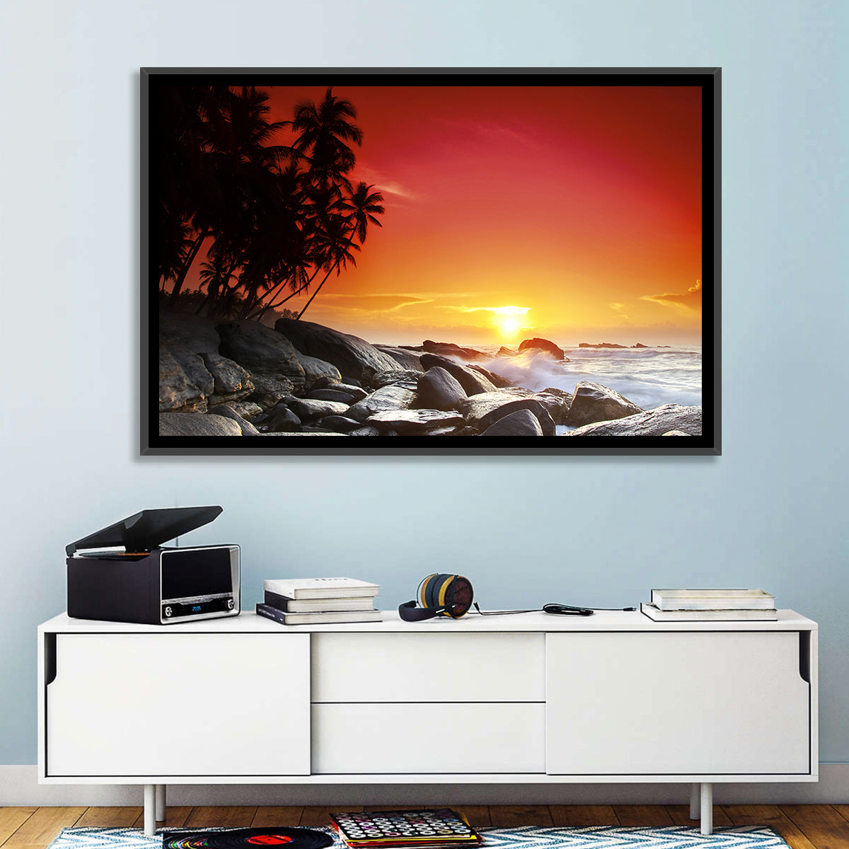 Tropical Island Sunset Wall Art in a room, landscape