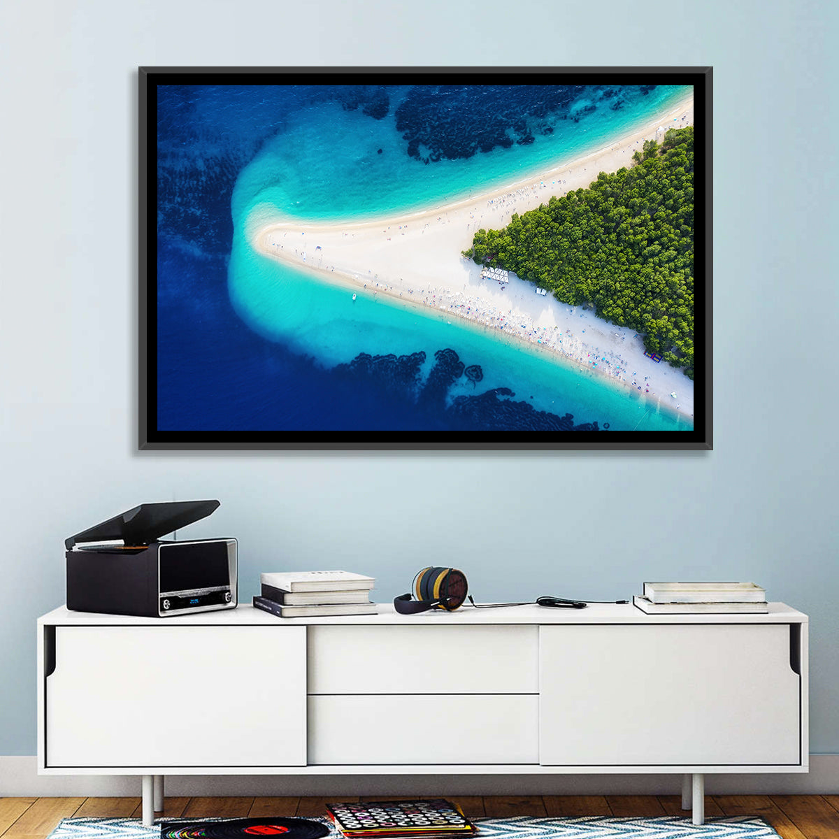Zlatni Rat Beach Aerial Coast Wall Art in a room, landscape