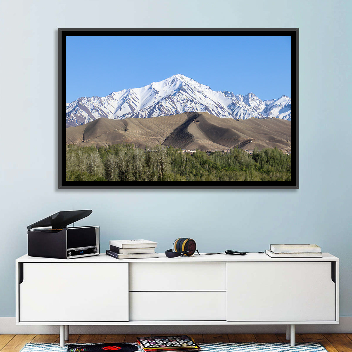 Afghan Snow-capped Peaks Above Forested Foothills Wall Art in a room, landscape